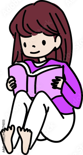 座って本を読む女の子のイラスト