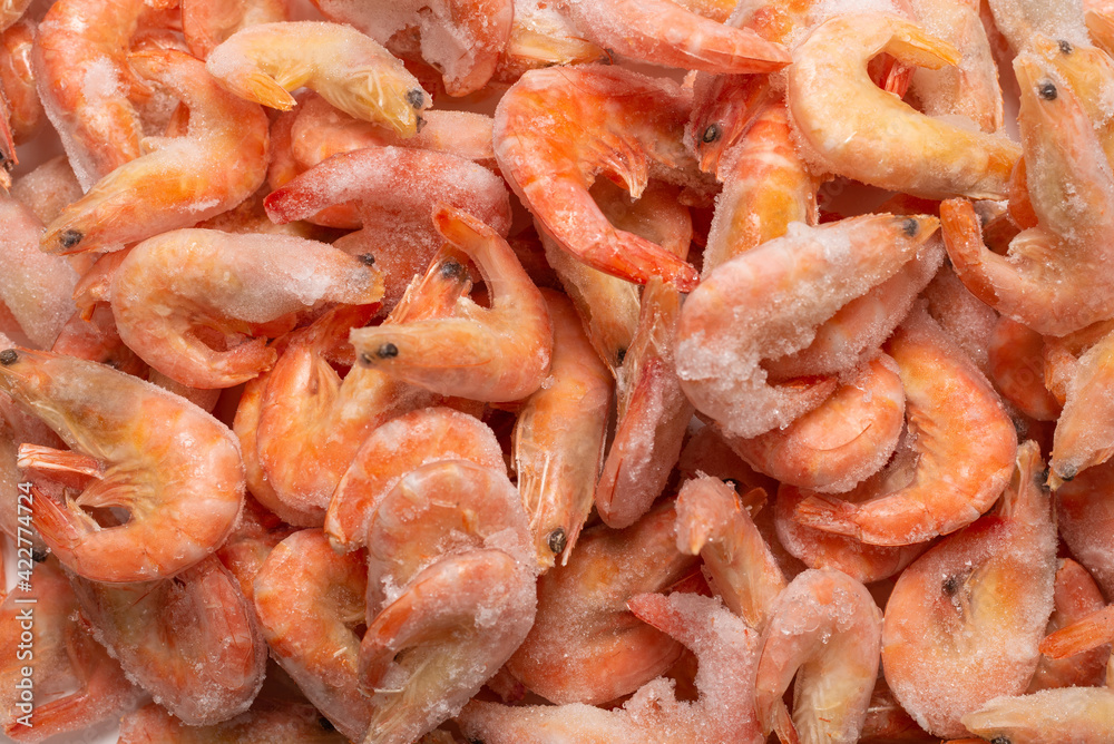 Fresh shrimps in ice. Top view. Fresh shrimps in ice. Top view.