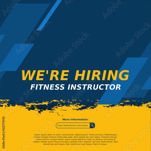 Hiring recruitment design for social media post template. Job vacancy for fitness instructor. Creative announcement flyer vector illustration