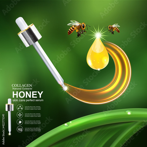 Honey Gold Serum Collagen and Vitamin Background Concept. Vector for Skin Care Cosmetic Products.