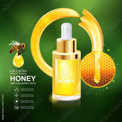 Honey Gold Serum Collagen and Vitamin Background Concept. Vector for Skin Care Cosmetic Products.
