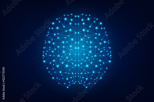 Vector human brain abstract global technology blue background. Geometric connecting dot brain.