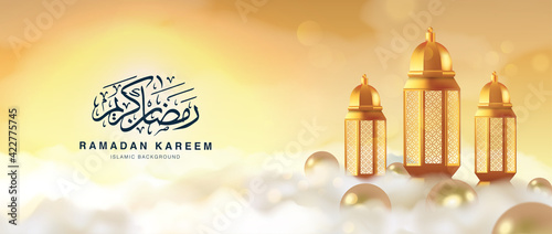 Realistic illustration of islamic ramadan kareem greeting banner vector design. 3d golden lantern and pearls floating above the coulds  © Gilang Prihardono
