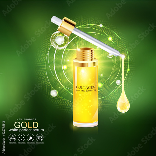 Honey Gold Serum Collagen and Vitamin Background Concept. Vector for Skin Care Cosmetic Products.
