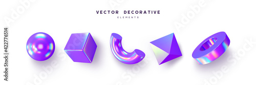 Set of 3d render primitives. Realistic 3d sphere, torus, cone, cube, tube. Glossy holographic geometric shapes isolated on white background. Iridescent trendy design, thin film effect. Vector.