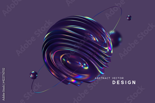 3d wavy fluorescent sphere arounded ring and balls. Abstract shapes with thin film effect. Liquid multicolor background, iridescent glossy waves. Vector illustration.