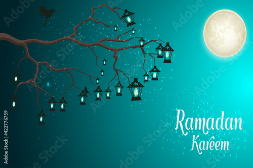 Ramadan Kareem celebration, the moon shines big with trees equipped with lanterns