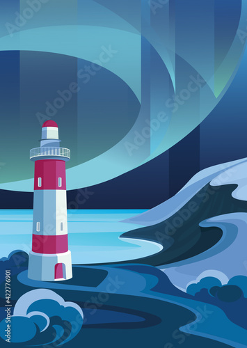 Seascape with lighthouse. Landscape with aurora borealis in vertical orientation.