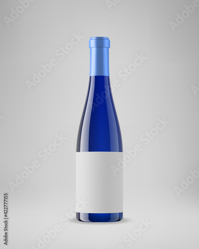 Isolated blue wine bottle with horizontal label. 3D illustration. Vector.