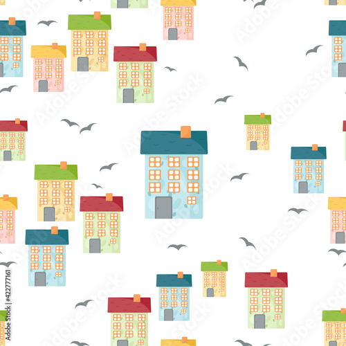 Seamless pattern with cute houses on white and transparent backgrounds. City living concept.