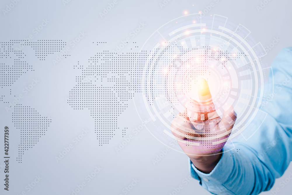 Technology abstract background hand touching circle network diagram orange light len flare effect on world map copy space creative innovation digital data global internet connection business concept. Technology abstract background hand touching circle network diagram orange light len flare effect on world map copy space creative innovation digital data global internet connection business concept.