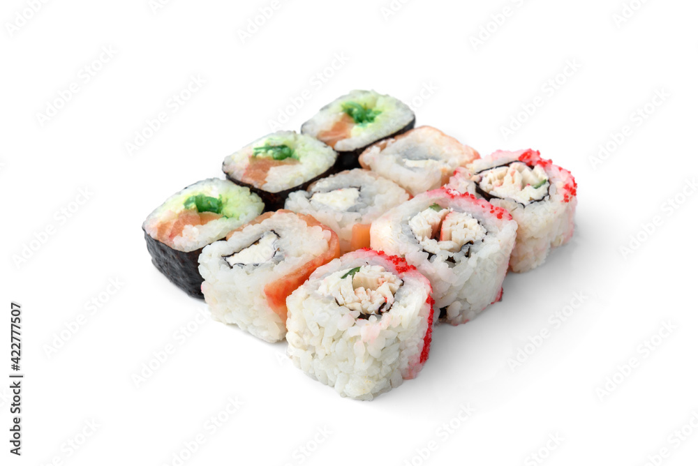 Sushi rolls assortment isolated on white background. Maki california rolls. Japanese food. Sushi rolls assortment isolated on white background. Maki california rolls. Japanese food.