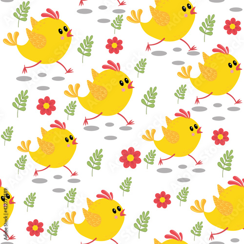 Running chickens pattern with flowers and butterflies