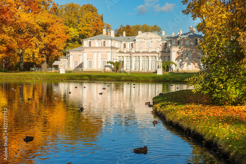 pond and Chinese Palace in Oranienbaum, suburb of the city Saint Petersburg, Russia