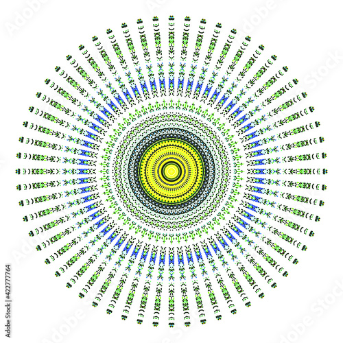Creative multicolored points round symbol. Abstract symmetrical logo. Mosaic colorful beautiful beads. Circle dots modern pixel floral art icon. Colored pattern ornament wheel decorative illustration.