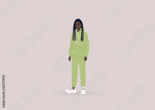 Quarantine fashion, a young female Black character wearing oversize sportswear, a hoodie and a pair of sweatpants of the same color, modern urban lifestyle