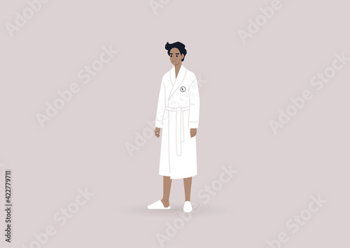 A young male character wearing a white hotel bathrobe and slippers, a luxury lifestyle concept, wellbeing and body care