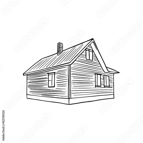 Hand drawn village cottage line sketch. Simple rustic suburb houses isolated on white background