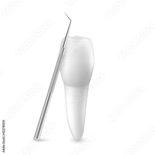 Vector 3d Realistic Tooth and Dental Probe for Teeth Closeup Isolated on White Background. Medical Dentist Tool. Design Template, Clipart, Mockup. Dentistry, Healthcare, Hygiene Concept