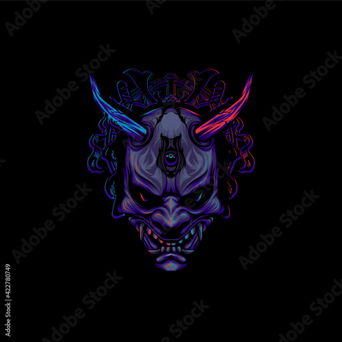 Futurustic Neon Colored Japanese Oni Mask Poster, Tattoo And T-shirt Illustration