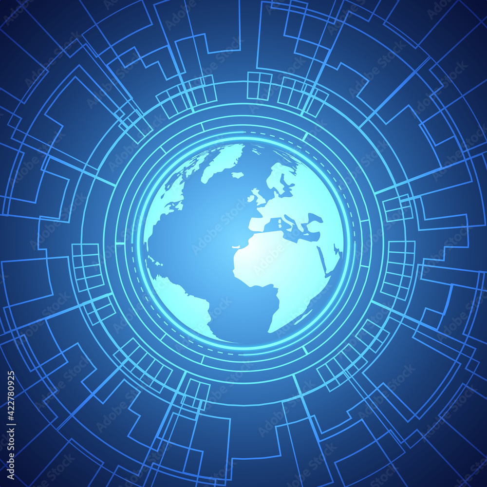 Naklejka premium Abstract Digital Global Background, smart lens technology, blue circle circuit board pattern, power line