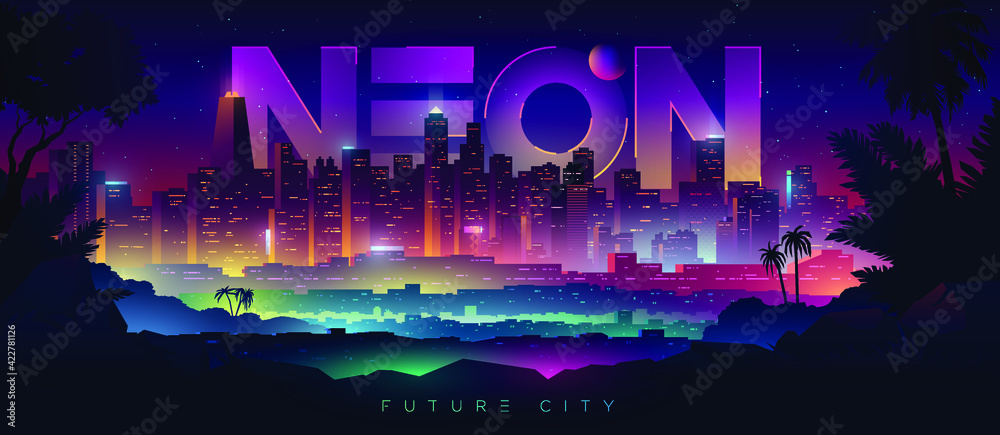 Colorful neon futuristic night city. Cyberpunk and retro wave style illustration - obrazy, fototapety, plakaty 