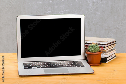 Notebook with notebooks and green succulent on a wooden table. mockup for text