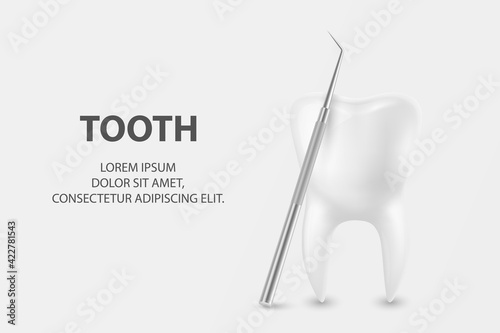 Vector 3d Realistic Tooth and Dental Probe for Teeth Closeup on White Background. Medical Dentist Tool. Design Template, Clipart, Mockup. Dentistry, Healthcare, Hygiene Concept