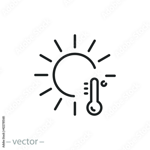 sun with thermometer icon, climate meteorology, hot temperature, sunny and heat weather forecast, thin line symbol on white background - editable stroke vector eps10