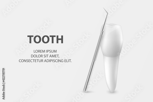 Vector 3d Realistic Tooth and Dental Probe for Teeth Closeup on White Background. Medical Dentist Tool. Design Template, Clipart, Mockup. Dentistry, Healthcare, Hygiene Concept