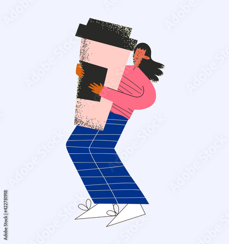 ethnic business woman with a large glass of coffee.Burnout and stress at work.Lunch and break from work. Brainstorming and idea generation.Fatigue and frustration.Drink a glass of coffee. Trendy flat