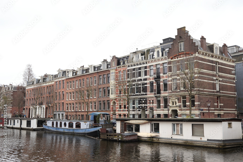 Amsterdam Oud-West Canal with House Facades and Houseboats