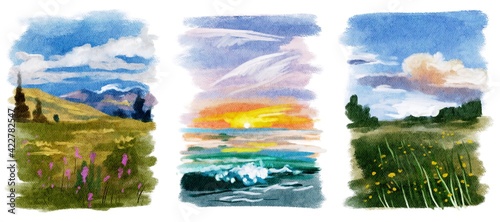 Watercolor summer poster collection landscape. Hand drawn background.  Painting countryside illustration. Can be use for banner, card, postcard, interior poster.