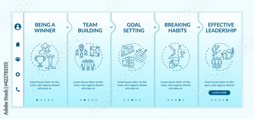 Types of motivational content onboarding vector template. Mentoring and coaching. Leadership and goal setting. Responsive mobile website with icons. Webpage walkthrough step screens. RGB color concept