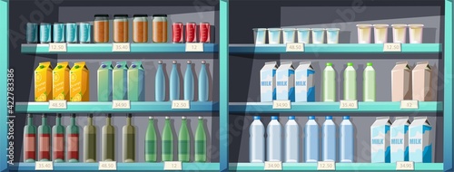 Vector seamless cartoon style supermarket shelves with products, food, drinks.