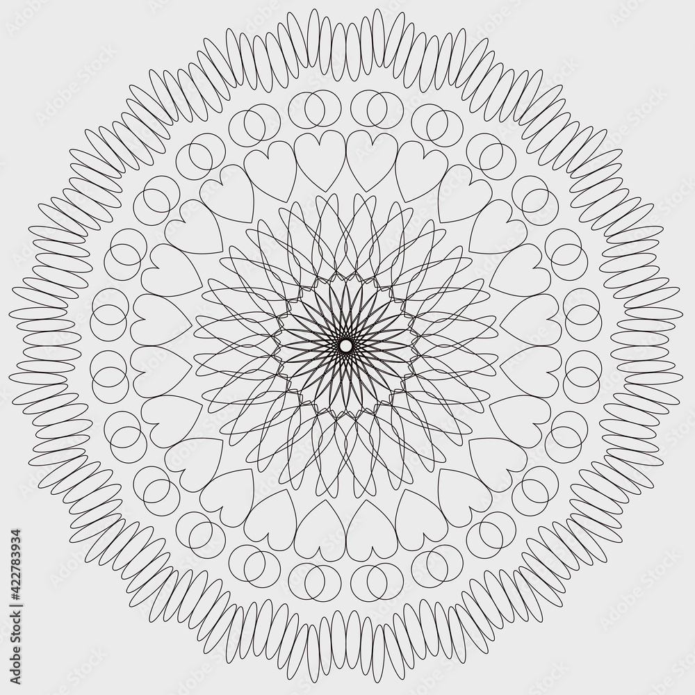 Simple black and white vector mandala composed with flowers, hearts, petals and circles, black lines on white paper background