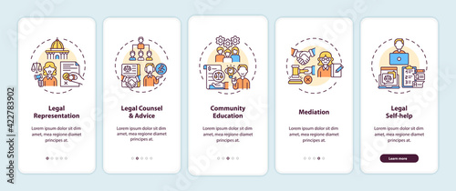 Legal services categories onboarding mobile app page screen with concepts. Legal representation walkthrough 5 steps graphic instructions. UI, UX, GUI vector template with linear color illustrations
