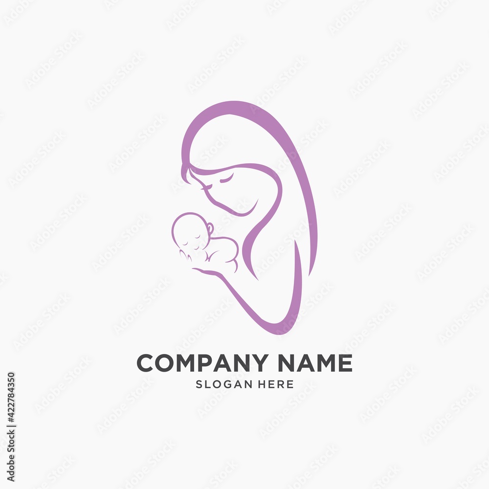 stylish vector symbol of mother and baby, mother embraces her child logo template