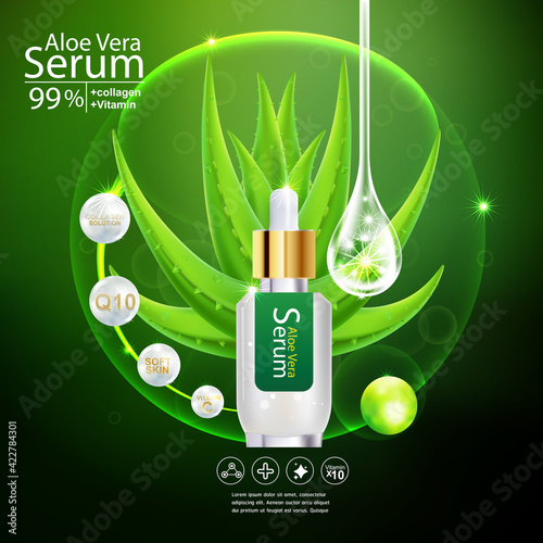 Aloe Vera Serum and Collagen Natural Extracts Vitamin for Skin Care Cosmetic Background Vector Concept .