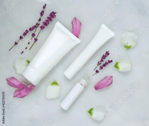 Cosmetic skincare background. Herbal medicine with with green leaves and petals. Petri dishes, cosmetics tubes. Natural skincare background