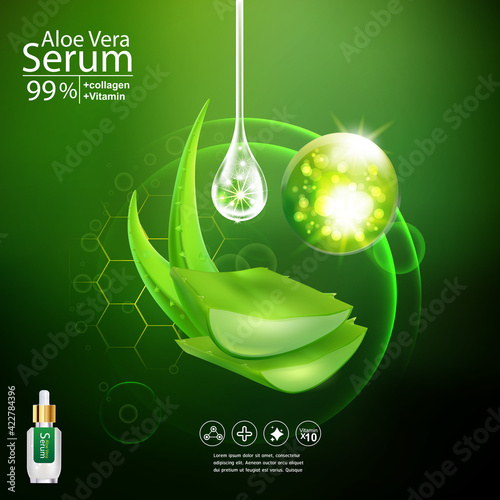 Aloe Vera Serum and Collagen Natural Extracts Vitamin for Skin Care Cosmetic Background Vector Concept .