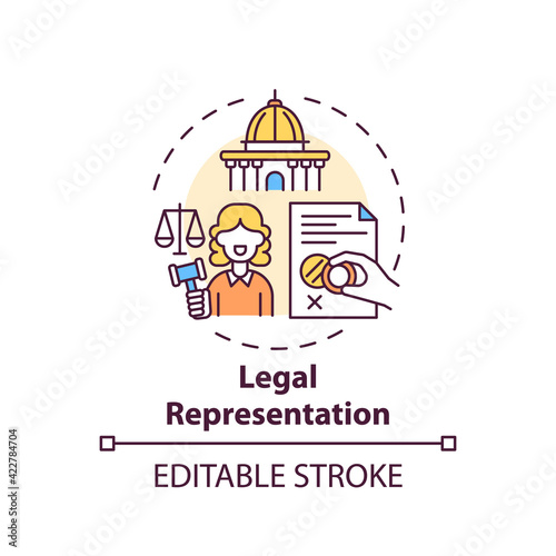 Legal representation concept icon. Legal services categories. Represents clients in judicial and administrative idea thin line illustration. Vector isolated outline RGB color drawing. Editable stroke