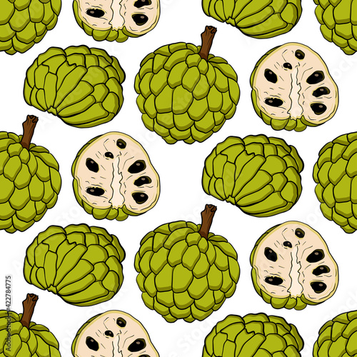 Vector hand drawn seamless pattern of cherimoya. Sugar apple pattern. Tropical objects. Use for restaurant, menu, smoothie bowl, market, store, party decoration, meal