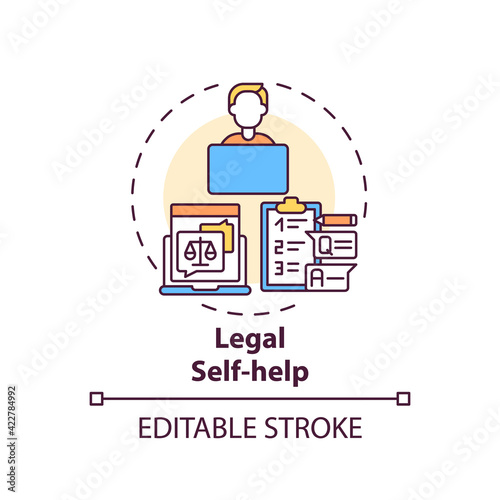 Legal self help concept icon. Legal services categories. Develops and distributes legal self help materials idea thin line illustration. Vector isolated outline RGB color drawing. Editable stroke photo