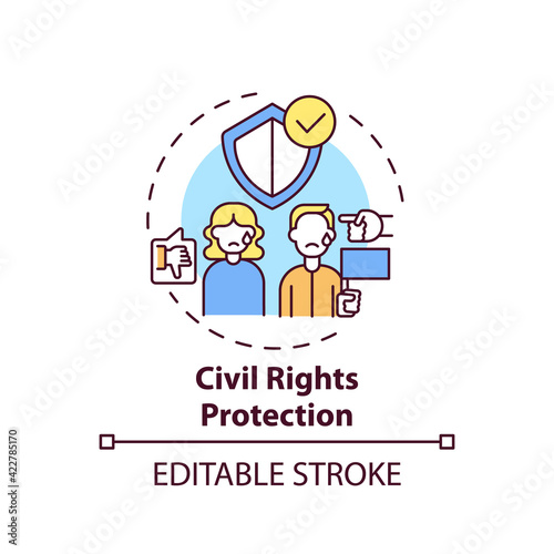 Civil rights protection concept icon. Legal services types. Legal protection of laws and rules that grant idea thin line illustration. Vector isolated outline RGB color drawing. Editable stroke