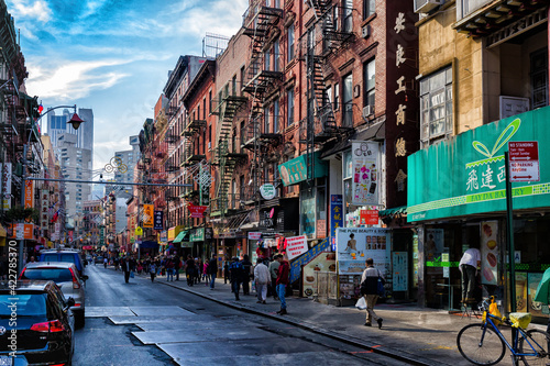 Street view of Chinatown district of New York City, one of oldest Chinatowns outside Asia.