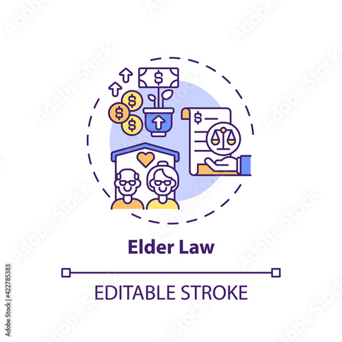 Elder law concept icon. Legal services types. Practice that specializes on issues that affect aging population idea thin line illustration. Vector isolated outline RGB color drawing. Editable stroke