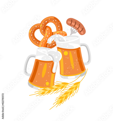 Oktoberfest festival, beer splash with pretzel and wheat isolated on white background. Vector flat illustration, icon.