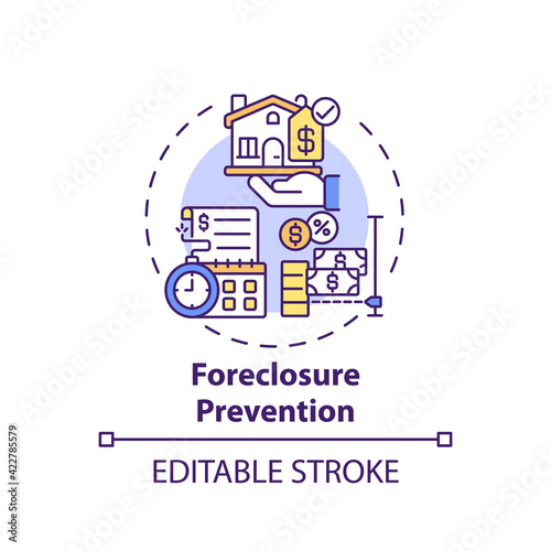 Foreclosure prevention concept icon. Legal services types. Help homeowners who are in danger of foreclosure idea thin line illustration. Vector isolated outline RGB color drawing. Editable stroke