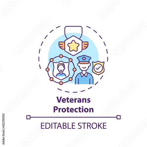 Veterans protection concept icon. Legal services types. Program that legaly protects rights of after war people idea thin line illustration. Vector isolated outline RGB color drawing. Editable stroke